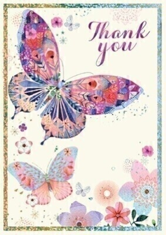 This colourful greetings card from Paper Rose has a picture of butterflies and flowers on the front with Thank You written on the front. The card has A heartfelt thank you for everything you have done inside and it comes complete with pink envelope.  A lovely little card to send to say thanks. 
